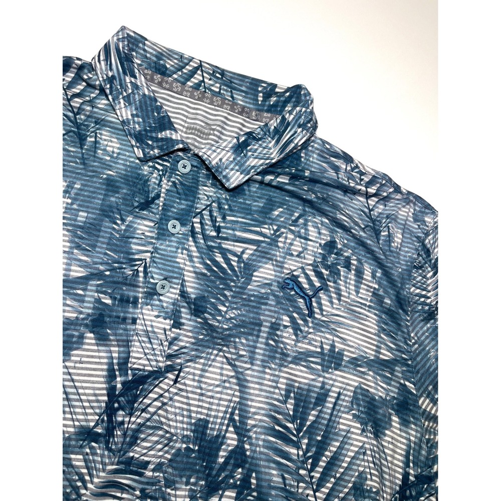 Puma Mens Golf Polo Shirt XXL Blue White Tropical Palm Leaf Short Sleeve 0377